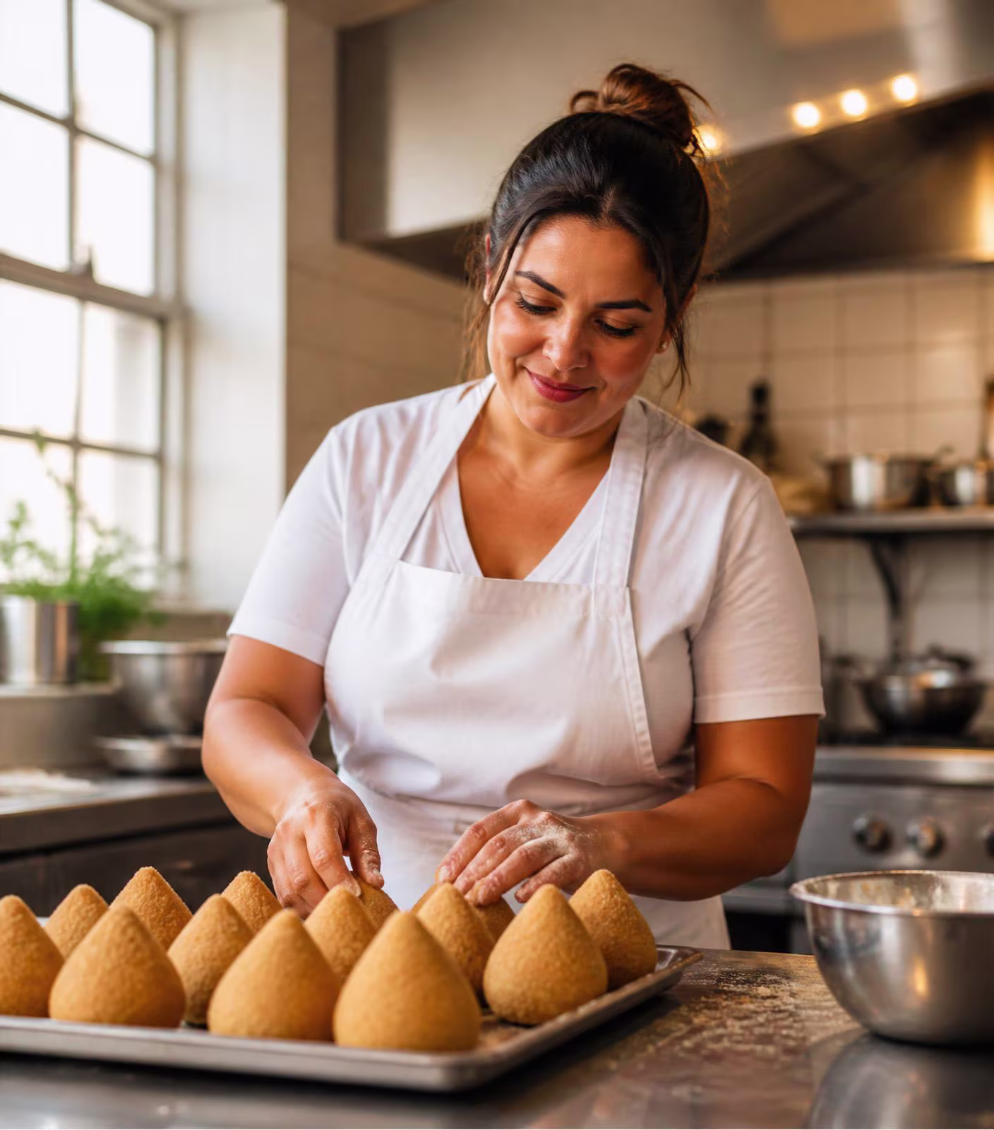 Empresária preparando salgados artesanais na cozinha de produção