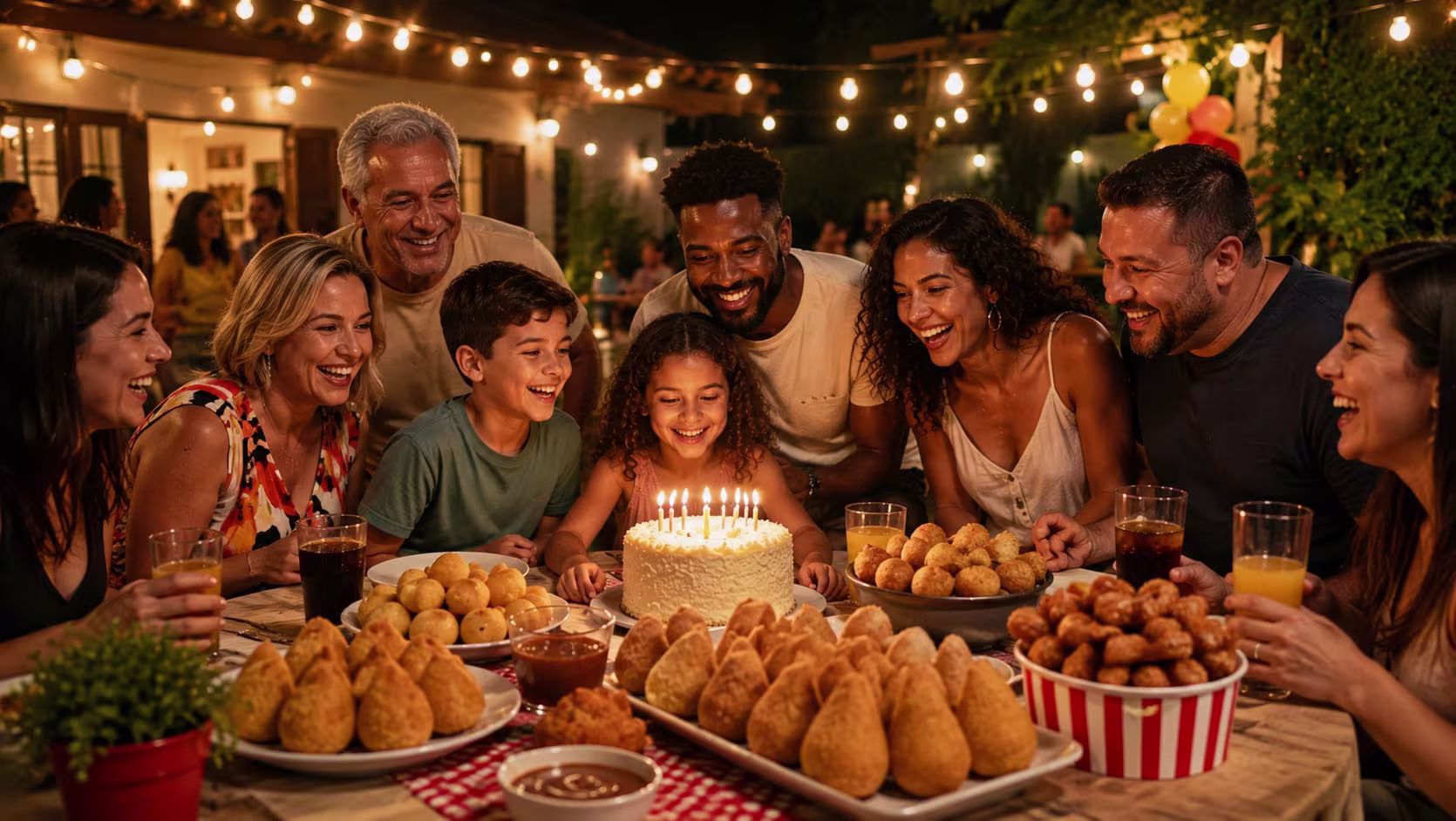 Família reunida em festa de aniversário com salgados congelados e churros artesanais