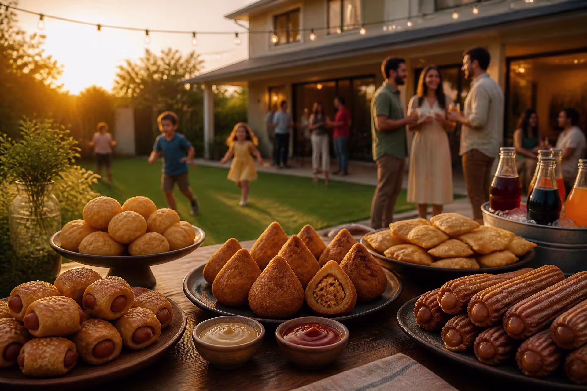 Festa em quintal ao entardecer com salgados congelados e churros artesanais na mesa
